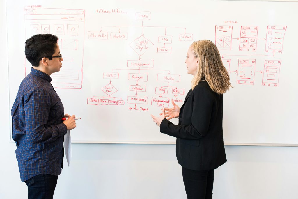 pexels-divinetechygirl-1181346 Two colleges analysing a flowchart drawn on a white board